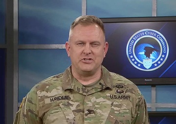 U.S. Cyber Command Staff Judge Advocate Colonel Peter Hayden, U.S. Army, provides closing remarks at the 2022 USCYBERCOM LEGAL CONFERENCE.