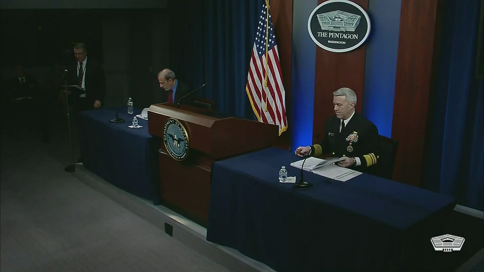 Under Secretary of Defense (Comptroller)/Chief Financial Officer Michael J. McCord and Navy Vice Adm. Ron Boxall, director, Force Structure, Resources and Assessment, Joint Staff conduct a briefing on the 2023 DoD budget March 28. 