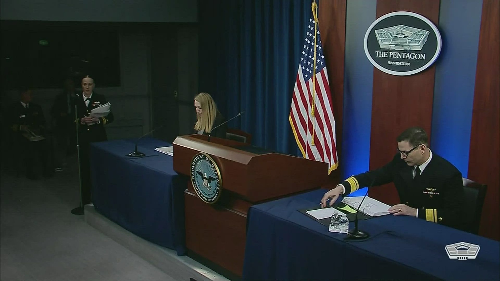 Meredith Berger, performing the duties of under secretary of the Navy, and Navy Rear Adm. John Gumbleton, deputy assistant secretary of the Navy for budget, conduct a briefing on the sections of the 2023 DoD budget concerning the Navy March 28. 