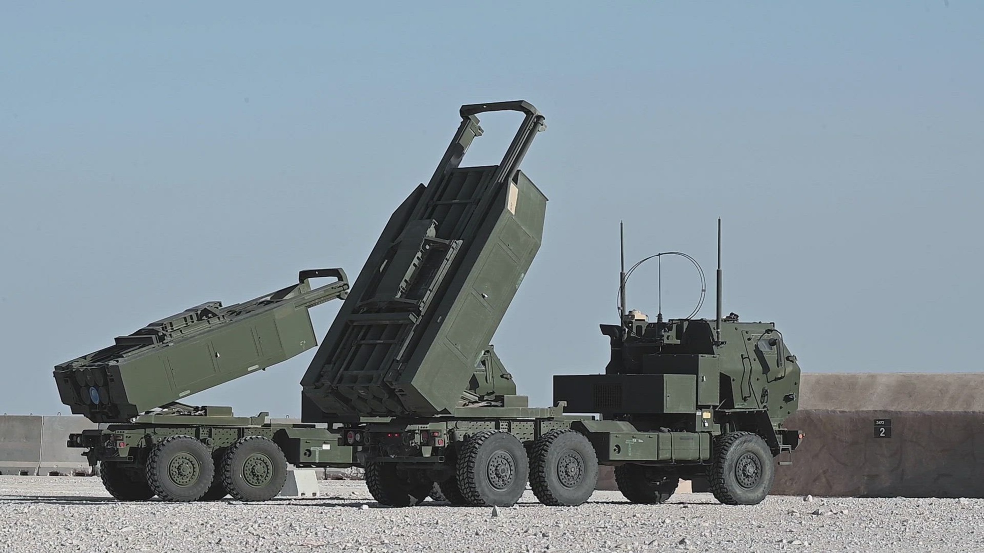 U.S. Army Soldiers with 2nd Platoon, Alpha Battery, 3rd Battalion, 157 Field Artillery Regiment, conduct a demonstration of U.S. Army M142 High Mobility Artillery Rocket Systems at Al Udeid Air Base, Qatar, March 18, 2022. The HIMARS is capable of fast deployment to engage land targets with precise artillery fire up to 300km downrange and showcases U.S. Central Commands commitment to maintaining security and deterring aggression in the region. (U.S. Air Force video by Staff Sgt. Jerreht Harris)