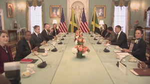 Secretary of State Antony J. Blinken camera spray with Jamaican Prime Minister Andrew Holness