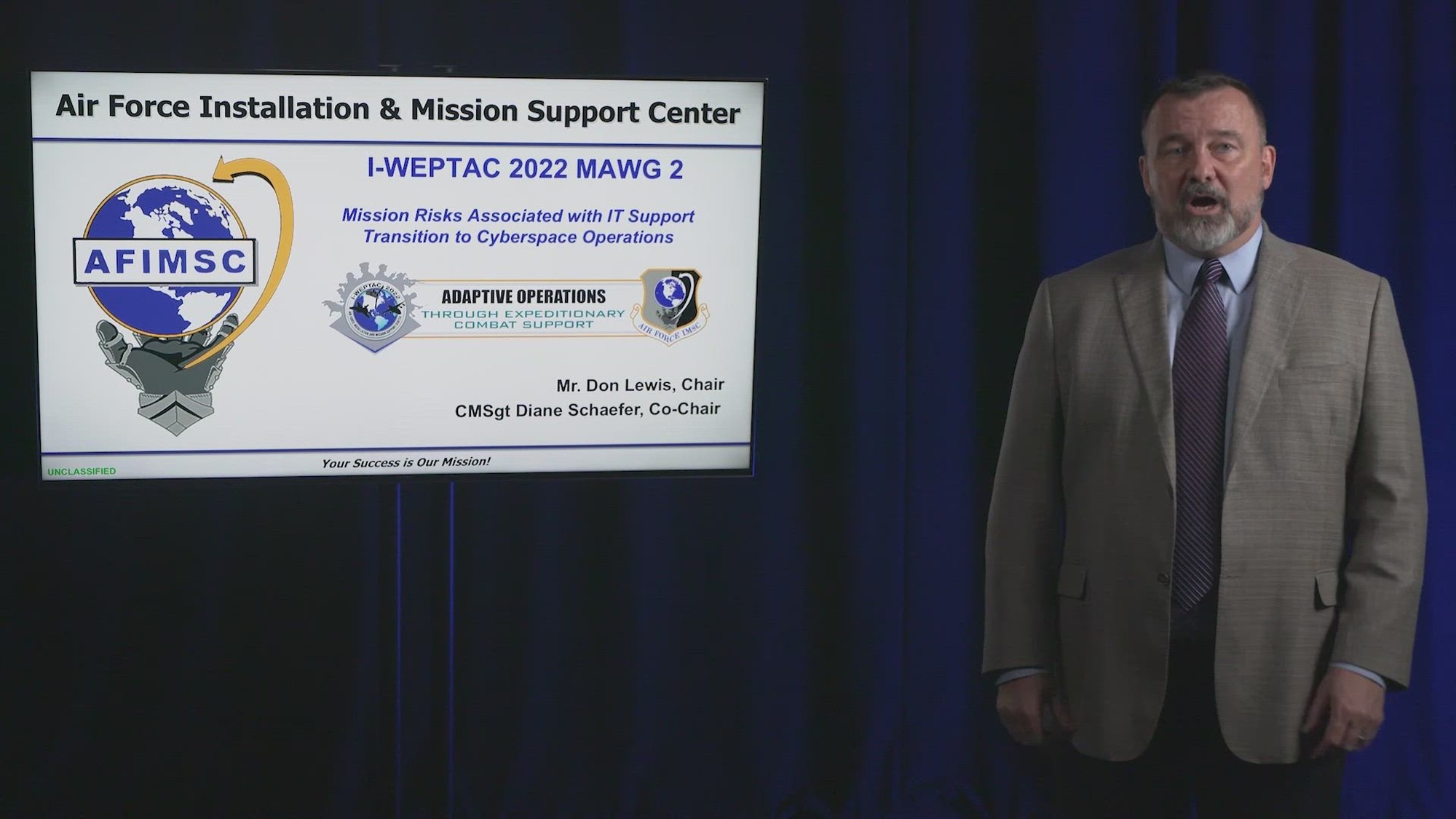 Air Force Installation and Mission Support Center&#39;s 2022 Installation and Mission Support Weapons and Tactics Conference Mission, Area Working Group 2 out-brief. Topic: Mission Risks Associated with IT Support Transition to Cyber Operations. (U.S. Air Force video by 3rd Audiovisual Squadron).