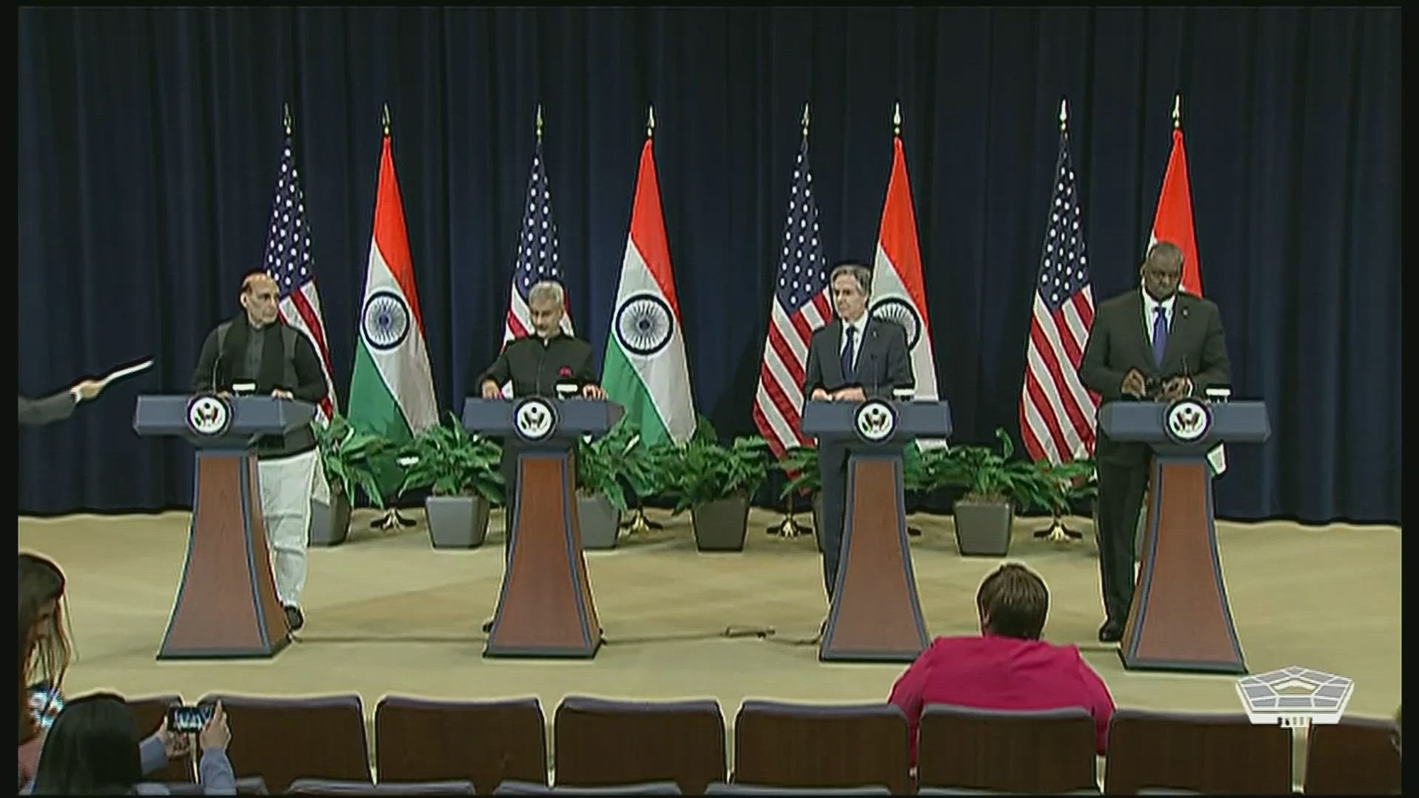 Secretary of Defense Lloyd J. Austin III and Secretary of State Antony Blinken hold a joint press conference with Indian Defense Minister Rajnath Singh and Indian External Affairs Minister Subrahmanyam Jaishankar. 