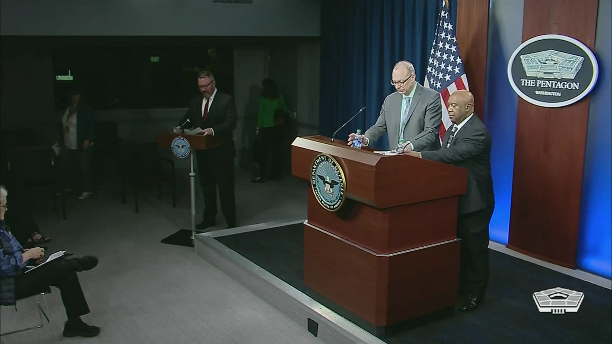 Defense Intelligence Agency officials John Huth and Kevin Ryder hold an on-camera press briefing to release the “Challenges to Security in Space” report. 