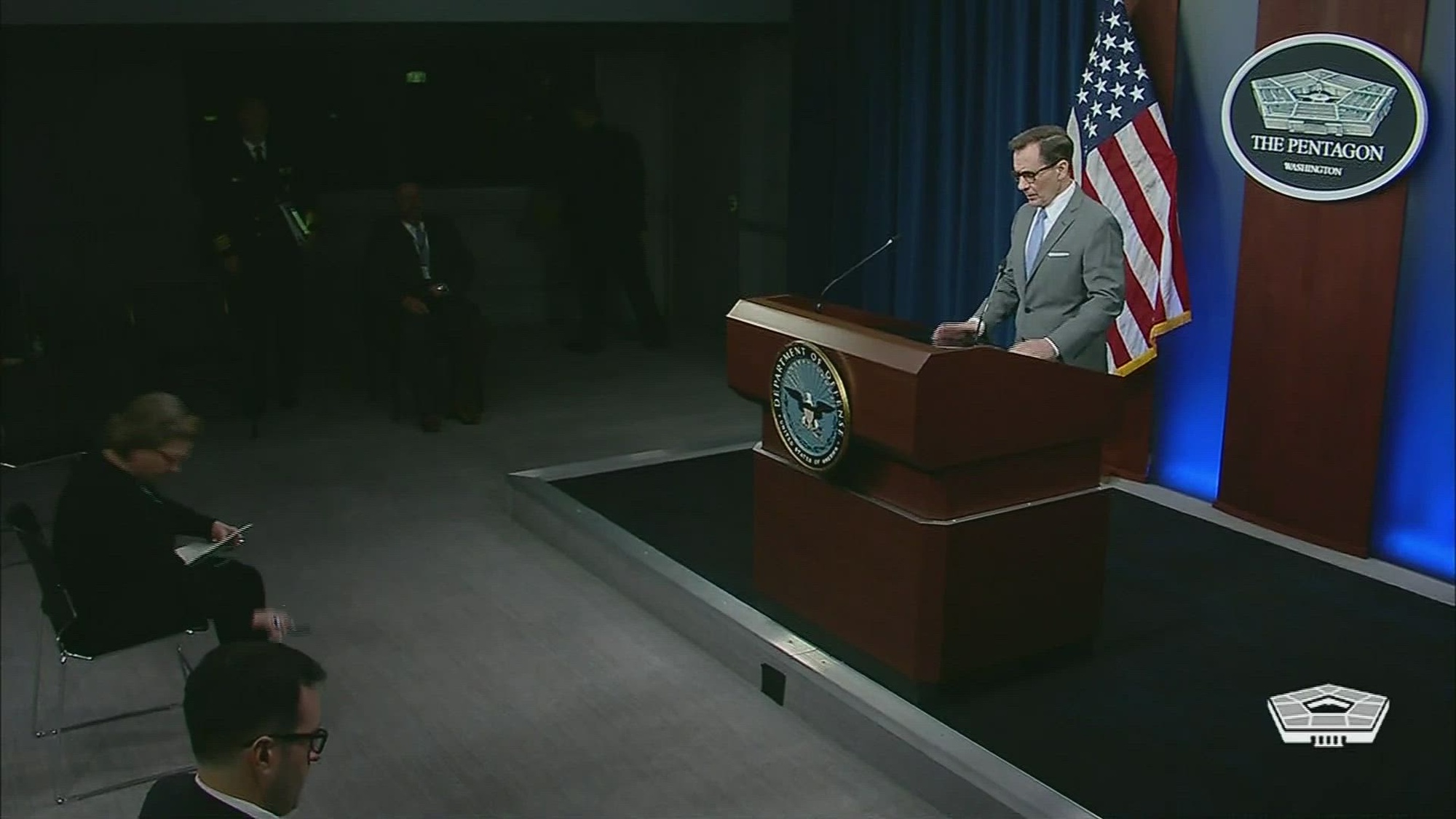 Pentagon Press Secretary John F. Kirby briefs the news media at the Pentagon. 