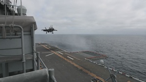 F-35B Lightning IIs operate from amphibious assault ship USS Tripoli (LHA 7)