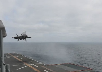F-35B Lightning IIs operate from amphibious assault ship USS Tripoli (LHA 7)