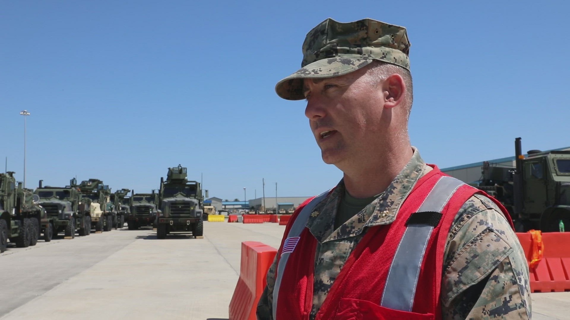U.S. Marine Corps Maj. Jeffrey D. Planteen, operations officer, with Blount Island Command, speaks about BIC support operations for exercise Atlantic Dragon on Camp Blanding, Florida, United States, April 4, 2022. Atlantic Dragon is a force generation exercise pushing CLR-37 as an arrival assembly operations group to provide tactical logistics support to III Marine Expeditionary Force. The exercise consists of an experimental maritime prepositioned force&#39;s offload tactics of military equipment that supports field exercise training to increase combat readiness and efficiency. 3rd MLG, based out of Okinawa, Japan, is a forward-deployed combat unit that serves as III MEF&#39;s comprehensive logistics and combat service support backbone for operations throughout the Indo-Pacific area of responsibility.