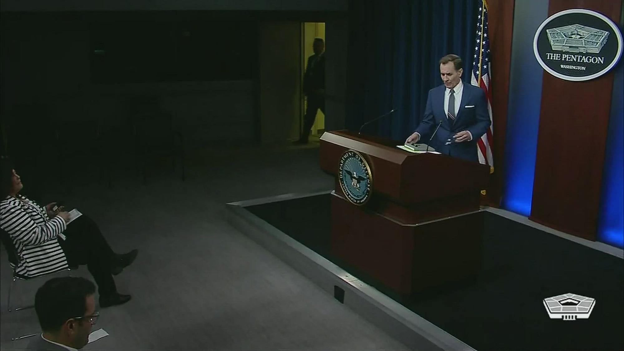 Pentagon Press Secretary John F. Kirby briefs members of the media during a news conference at the Pentagon in Washington, D.C.