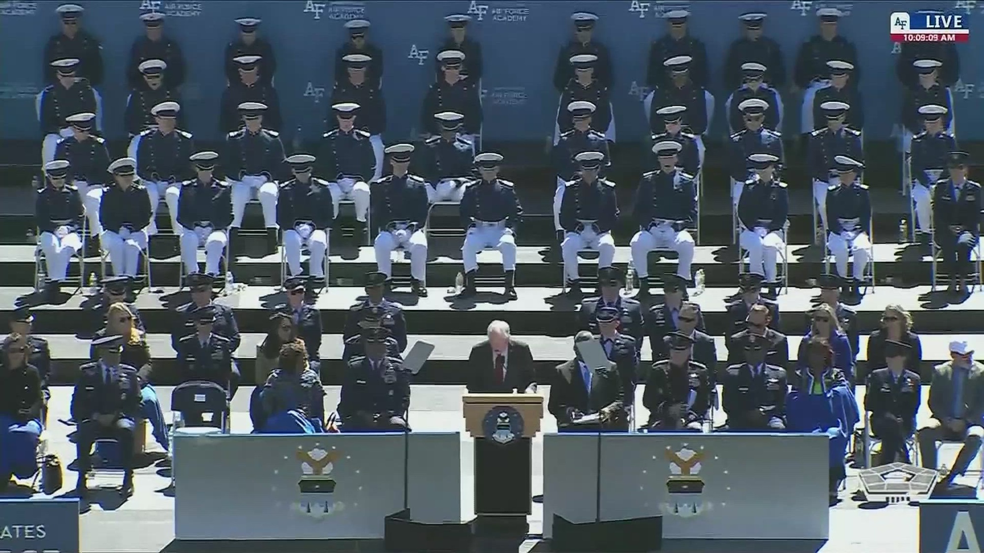 Secretary of Defense Lloyd J. Austin III delivers the keynote address at the U.S. Air Force Academy’s graduation ceremony.