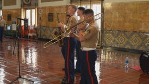 U.S. Marines with the 1st Marine Division Band play instruments in Union Station for Los Angeles Fleet Week