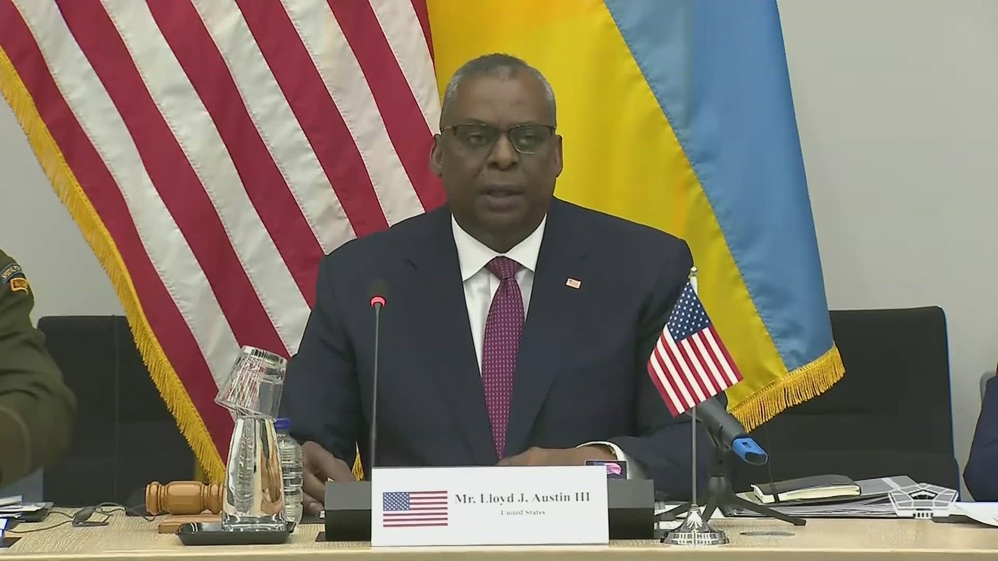 Secretary of Defense Lloyd J. Austin III speaks at a meeting of the Ukraine Defense Contact Group in Brussels. Defense ministers and chiefs of defense from around the world discuss the ongoing crisis and other security issues facing U.S. allies and partners.