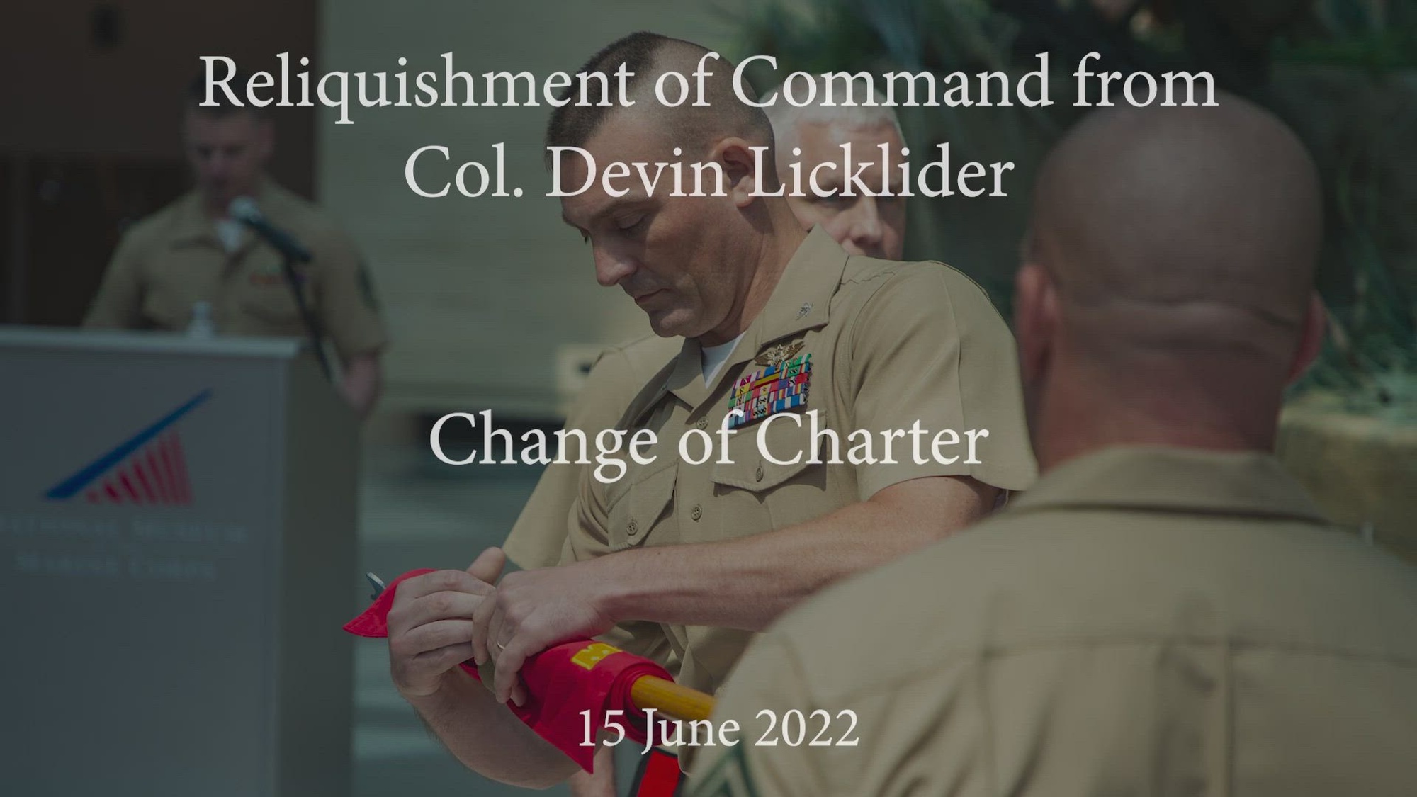 U.S. Marine Corps Brig. Gen. David C. Walsh, the commanding general of Marine Corps Systems Command, Marine Corps Base Quantico, relieves Col. Devin Licklider, the program manager for Global Combat Support Systems Marine Corps, Marine Corps Systems Command, of command at the National Museum of the Marine Corps on June 16, 2022. Licklider assumed his duties as program director as of June 2018. (U.S. Marine Corps video by Cpl. Dylan Coombs)