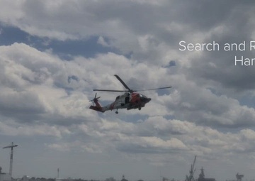 Crewmembers from Coast Guard Station Portsmouth perform a SAR demo at Harborfest in Norfolk, Virginia