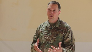 U.S. Army Chaplain Lt. Col. Russ Boyd interviews about church services at African Lion 22