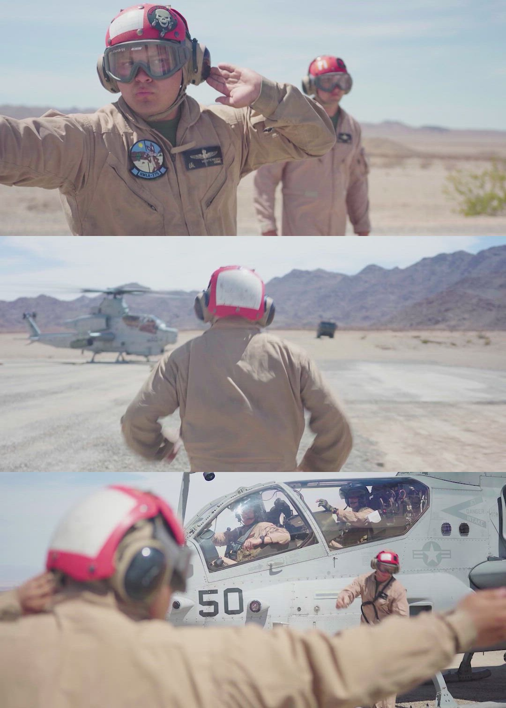 U.S. Marine Corps Cpl. Julian Montenegro, an aircraft ordnance technician assigned to Marine Light Helicopter Attack Squadron 775, conducts flightline operations at a forward arming and refueling point, at Marine Corps Air-Ground Combat Center, Twentynine Palms, Calif., during Integrated Training Exercise 4-22, on July 21, 2022. FARP operations allow the Aviation Combat Element to maintain longer times on station and decrease turnaround times in support of the Marine Air-Ground Task Force. (U.S. Marine Corps video by Cpl. James Stanfield)
