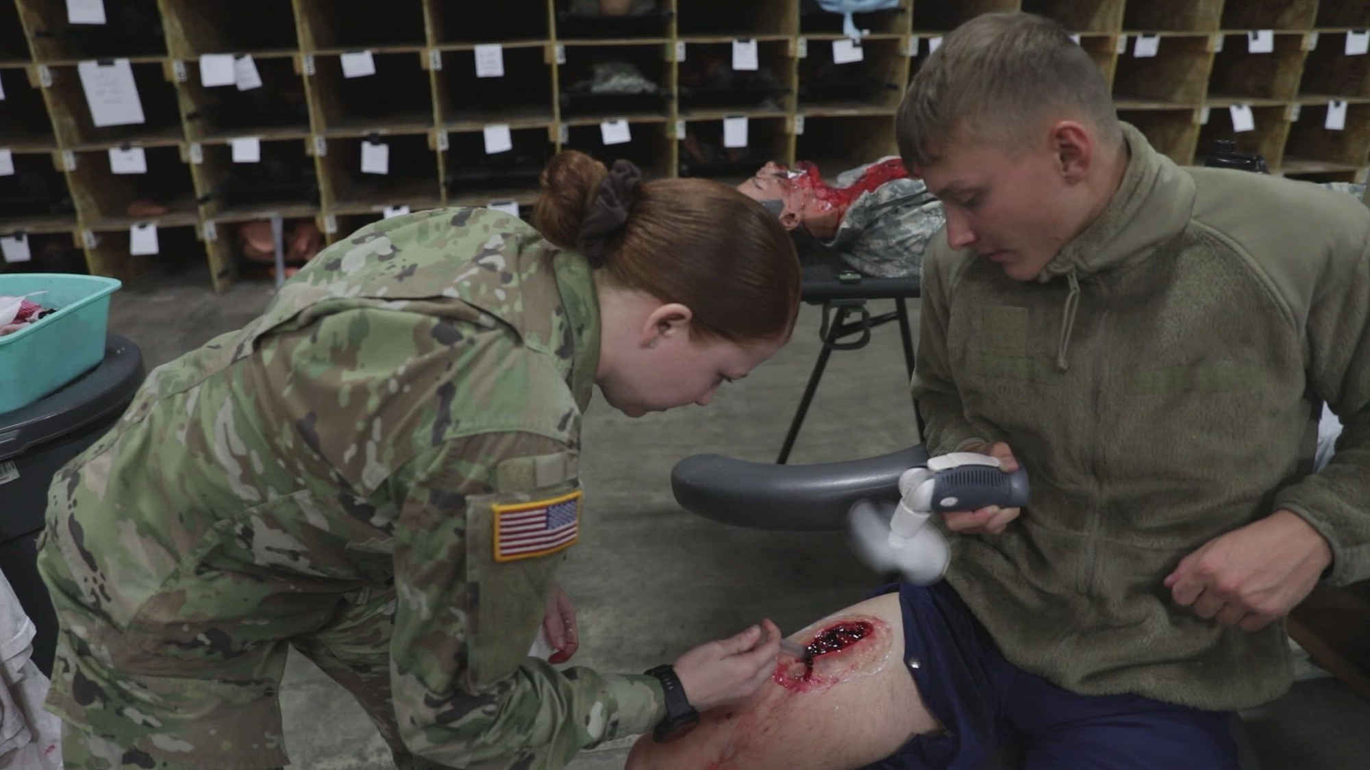 U.S. Army Reserve Soldiers from various Medical Operations Readiness Units apply mock injuries called moulage to mannequins and people during Exercise Global Medic, at Fort McCoy, Wisconsin, Aug. 12, 2022. The Medical Readiness Training Command conducts Exercise Global Medic as part of the Army Reserve Medical Command’s larger mission to provide trained, equipped and combat ready units and medical personnel to support the total force on the battlefields of today and tomorrow. (U.S. Army Reserve video by Sgt. Mikayla Fritz)