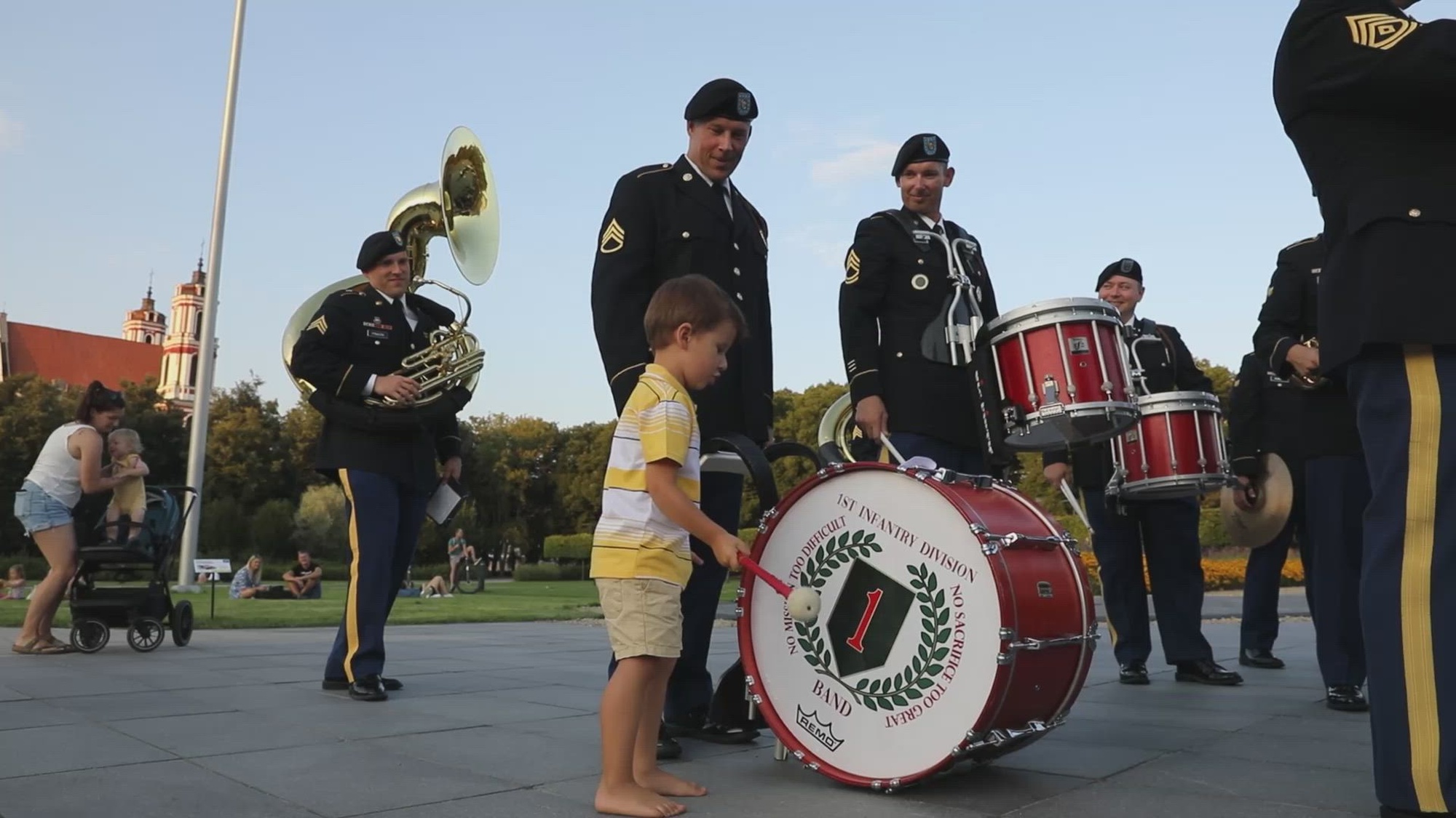 U.S. Soldiers of the 1st Infantry Division Band participate in a parade before their performance for the Lithuania Military Tattoo 2022 at Vilnius, Lithuania, Aug. 27, 2022. The Big Red One Band is among other units assigned to the 1st Infantry Division, proudly performing alongside nine other NATO ally bands during a historical, inaugural military tattoo hosted by Lithuanian Armed Forces. (U.S. Army National Guard video by Spc. Hassani Ribera)
