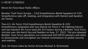 Bomber Task Force Europe - 23rd Expeditionary Bomb Squadron B-52H Stratofortress take off, landing, and integration with Danish and Swedish Air Forces