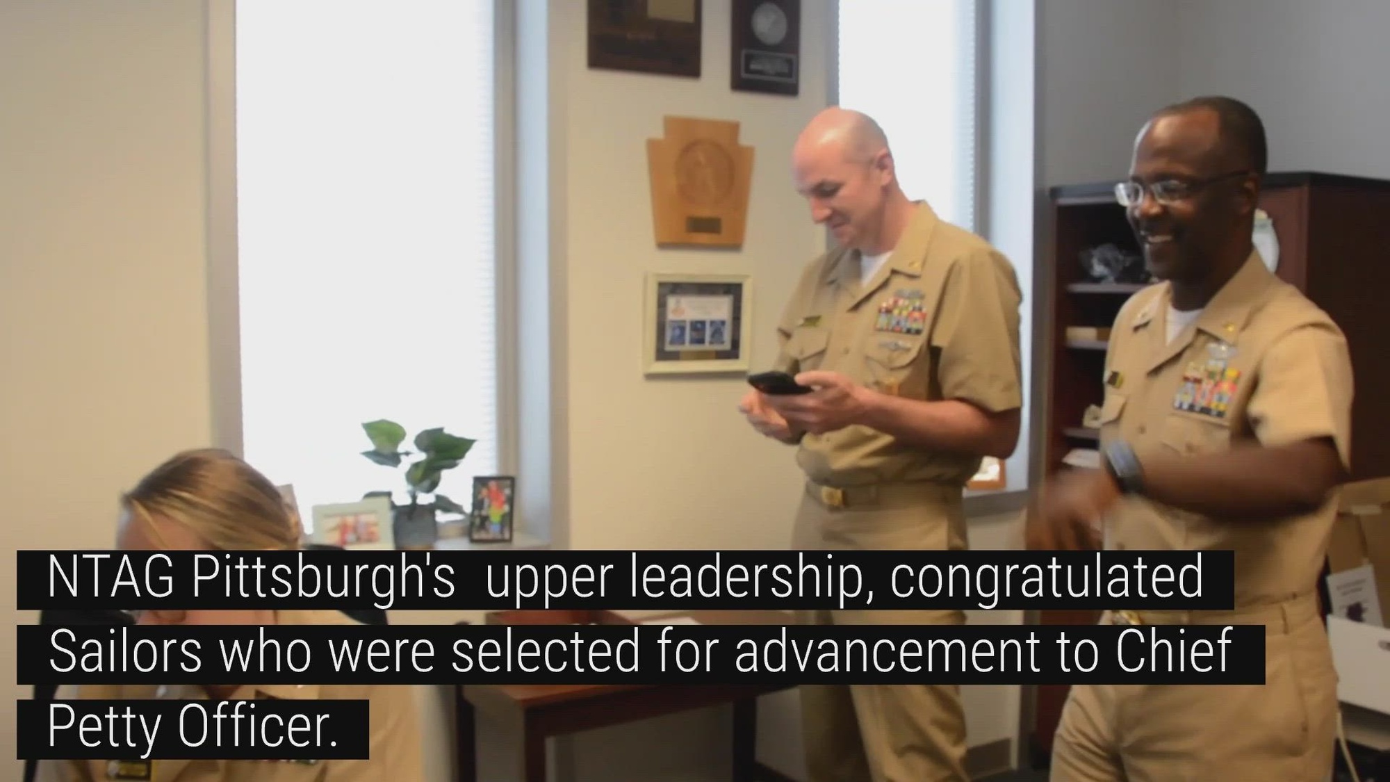 220906-N-RB168-1001 PITTSBURGH (September 6 2022) – Cmdr. Christopher McCurry, commanding officer of Navy Talent Acquisition Group (NTAG) Pittsburgh, and command leadership congratulated NTAG Pittsburgh’s Sailors who were selected for advancement to Chief Petty Officer. NTAG Pittsburgh, part of Navy Recruiting Command, recruits the next generation of Navy Sailors throughout areas in Pennsylvania, New York, West Virginia, and Maryland. (U.S. Navy video by Mass Communication Specialist 1st Class Benjamin Dobbs/Released)