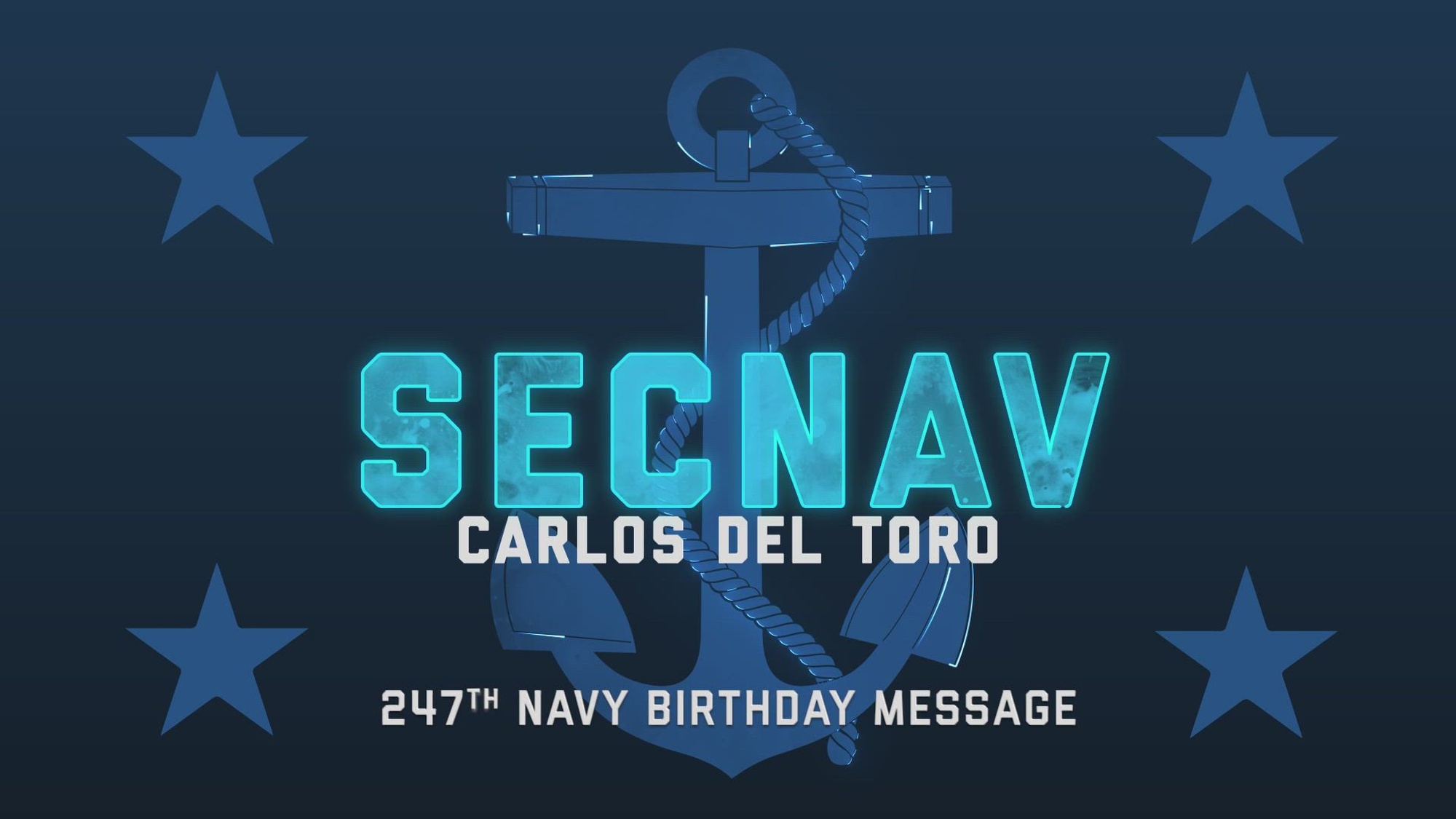 Secretary of the Navy Carlos Del Toro delivers his message wishing the Navy a happy 247th Birthday. This year's theme is on watch 24/7 for 247 years. (U.S. Navy video by Mass Communication Specialist 2nd Class T. Logan Keown)