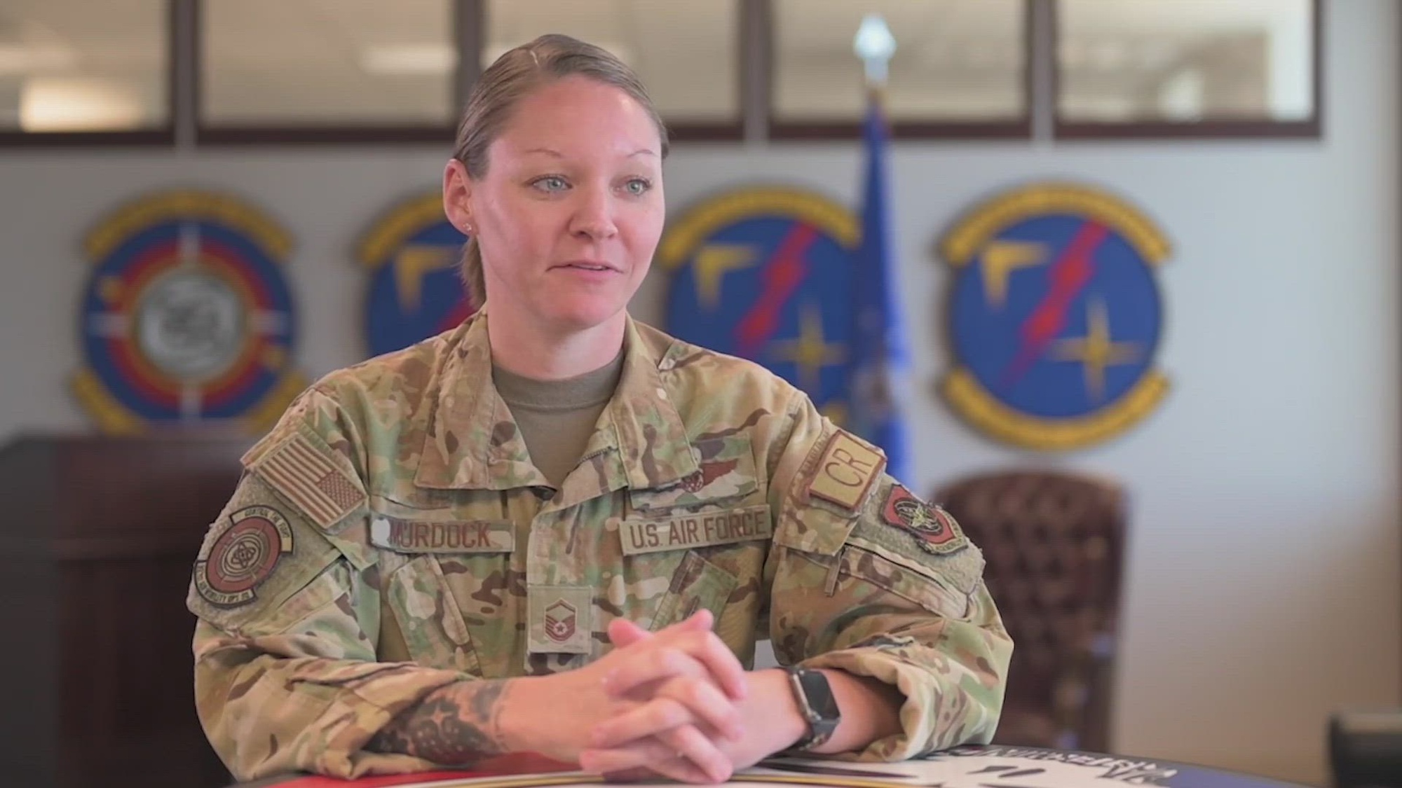 U.S. Air Force Master Sgt. Blakeley Murdock, 321st Air Mobility Squadron mobility flight chief, shares a Veterans Day message at Travis Air Force Base, California, Oct. 24. 2022. (U.S. Air Force video by Chustine Minoda)