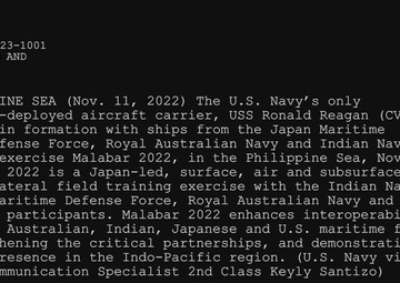 USS Ronald Reagan (CVN 76) steams in formation with allies during Malabar 2022