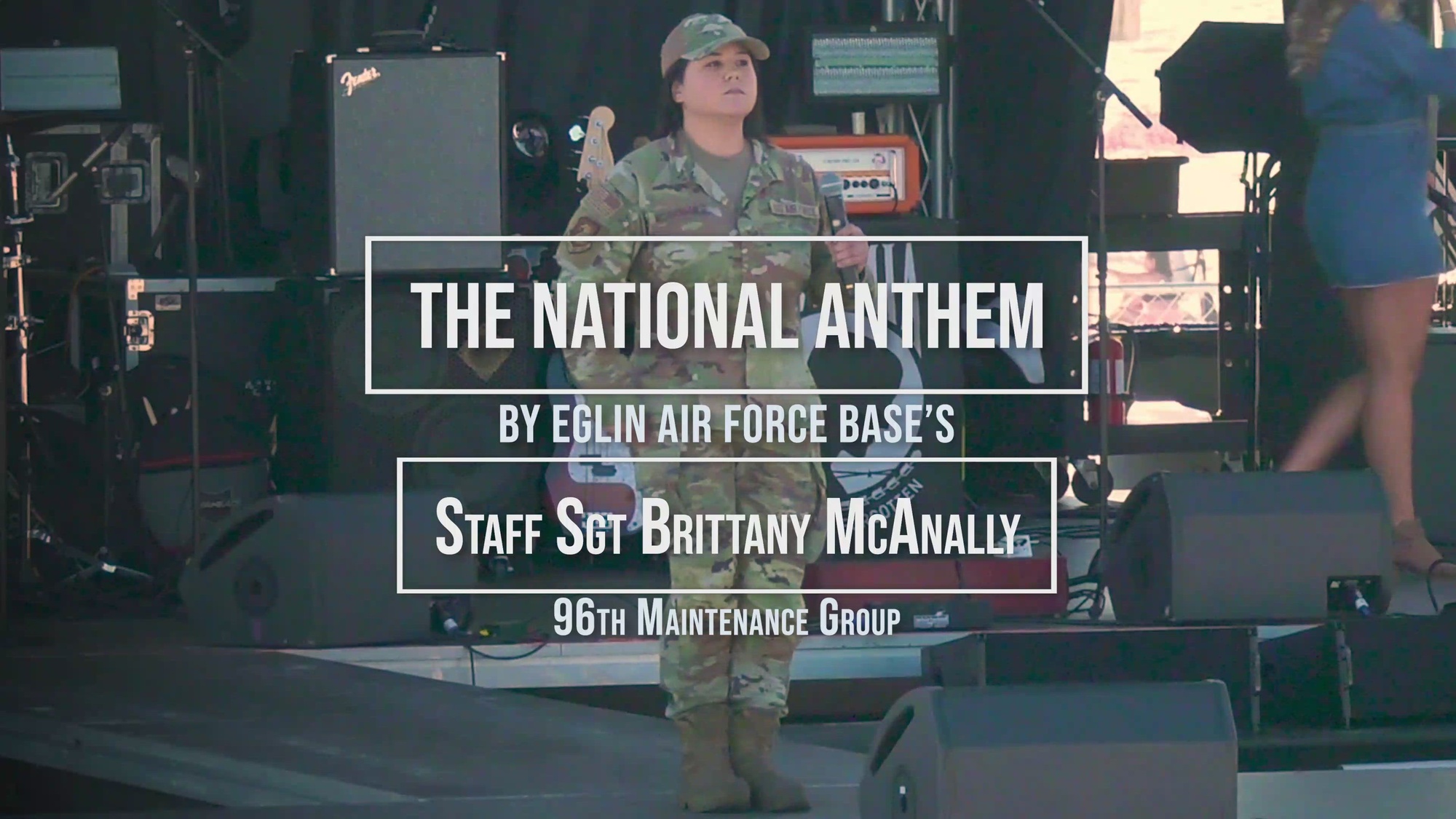 Staff Sgt. Brittany McAnally, from the 96th Maintenance Group at Eglin Air Force Base, sings the National Anthem at a local event. (US Air Force video/ Jaime Bishopp)