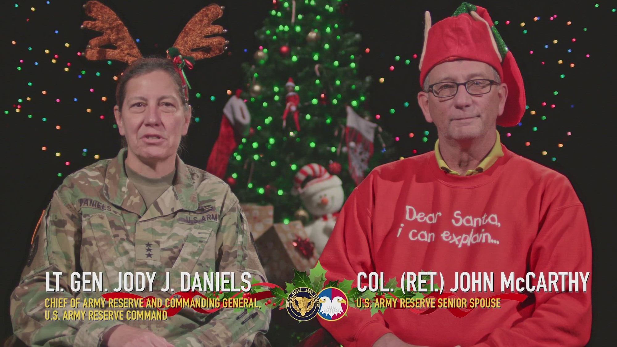 Lt. Gen. Jody J. Daniels, chief of U.S. Army Reserve and commanding general U.S. Army Reserve Command, and her husband John McCarthy send holiday greetings to Army Reserve Soldiers, Families, civilians and the employers who support them.
