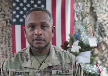 Staff Sgt. McMillan Sends Holiday Shoutout to Family in Long Island, New York (369th Sustainment Brigade) on Camp Arifjan, Kuwait 2022