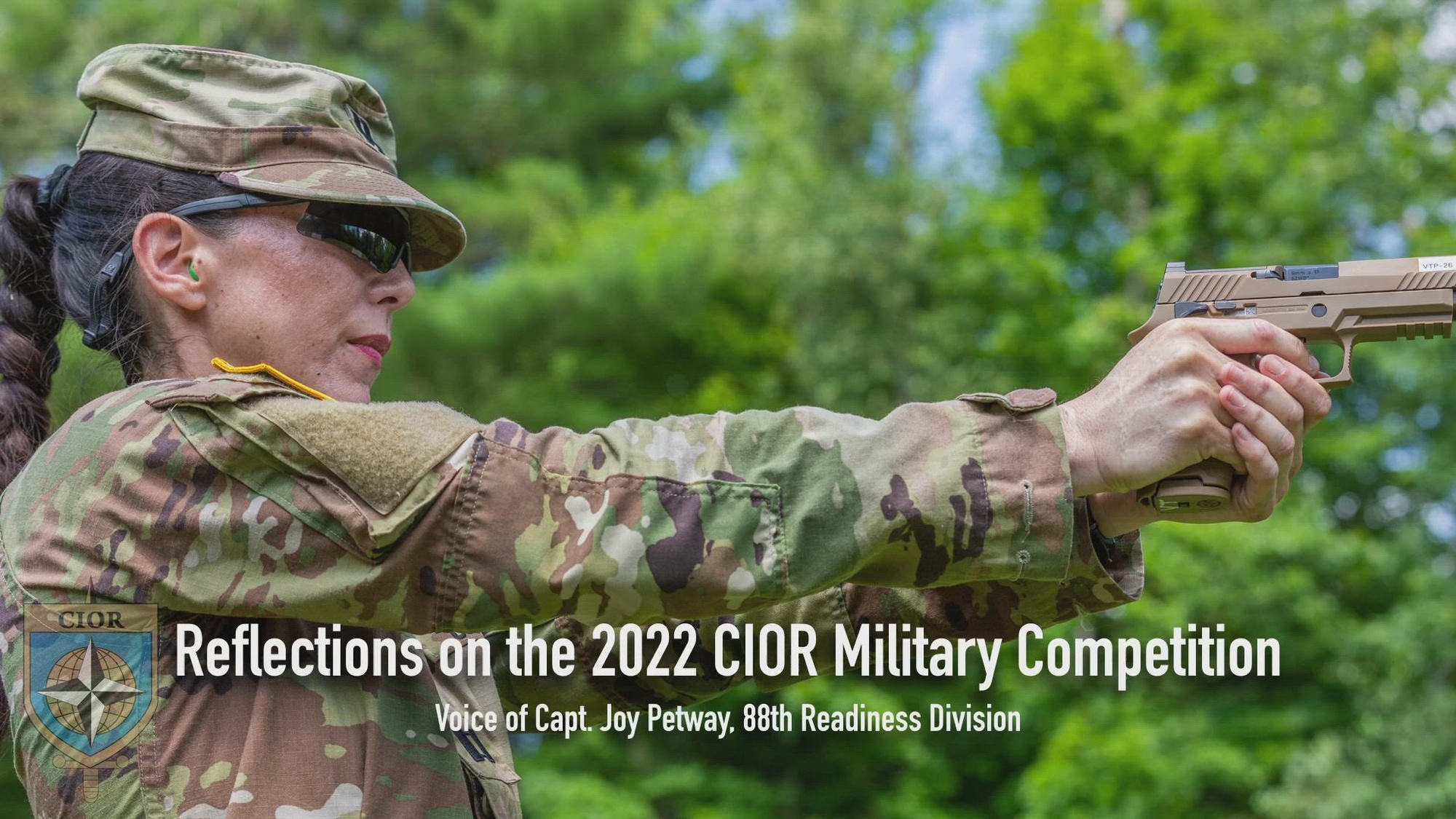 Capt. Joy Petway, 88th Readiness Division, reflects on her experience during the Interallied Confederation of Reserve Officers Military Competition (CIOR MILCOMP). This competition is an annual reserve military competition with NATO member states and other participating nations with 34 countries in total, representing 1.3 million reservists. The MILCOMP, which has been held since 1957, is a military pentathlon testing service members in pistol and rifle marksmanship, land and water obstacles and orienteering.