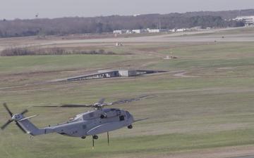 Non-flyable F-35C airframe lifted by CH-53K