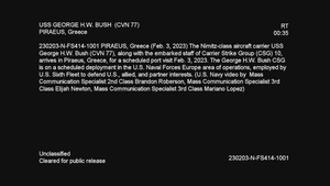 USS George H.W. Bush (CVN 77) Arrives in Piraeus, Greece