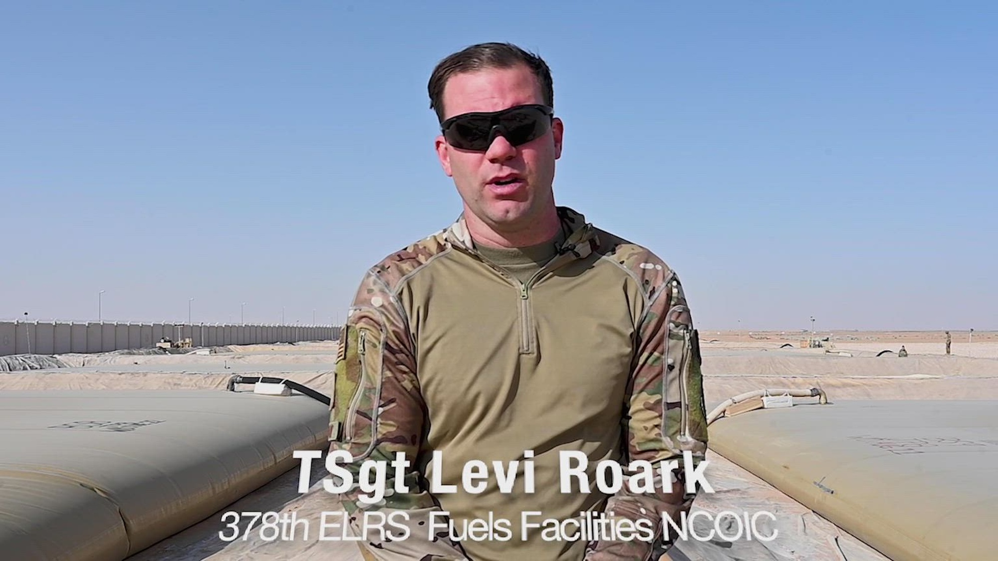 U.S. Air Force Tech. Sgt. Levi Roark, 378th Expeditionary Logistics Readiness Squadron fuel facilities noncommissioned officer in charge, talks on how the 378th ELRS came together to aid the Petroleum, Oil and Lubricant section in spreading two-ton fuel bags across more than 5,600 square feet of difficult-to-tread terrain on Prince Sultan Air Base, Saudi Arabia, Feb. 8, 2023.(U.S. Air Force video by Senior Airman Stephani Barge)