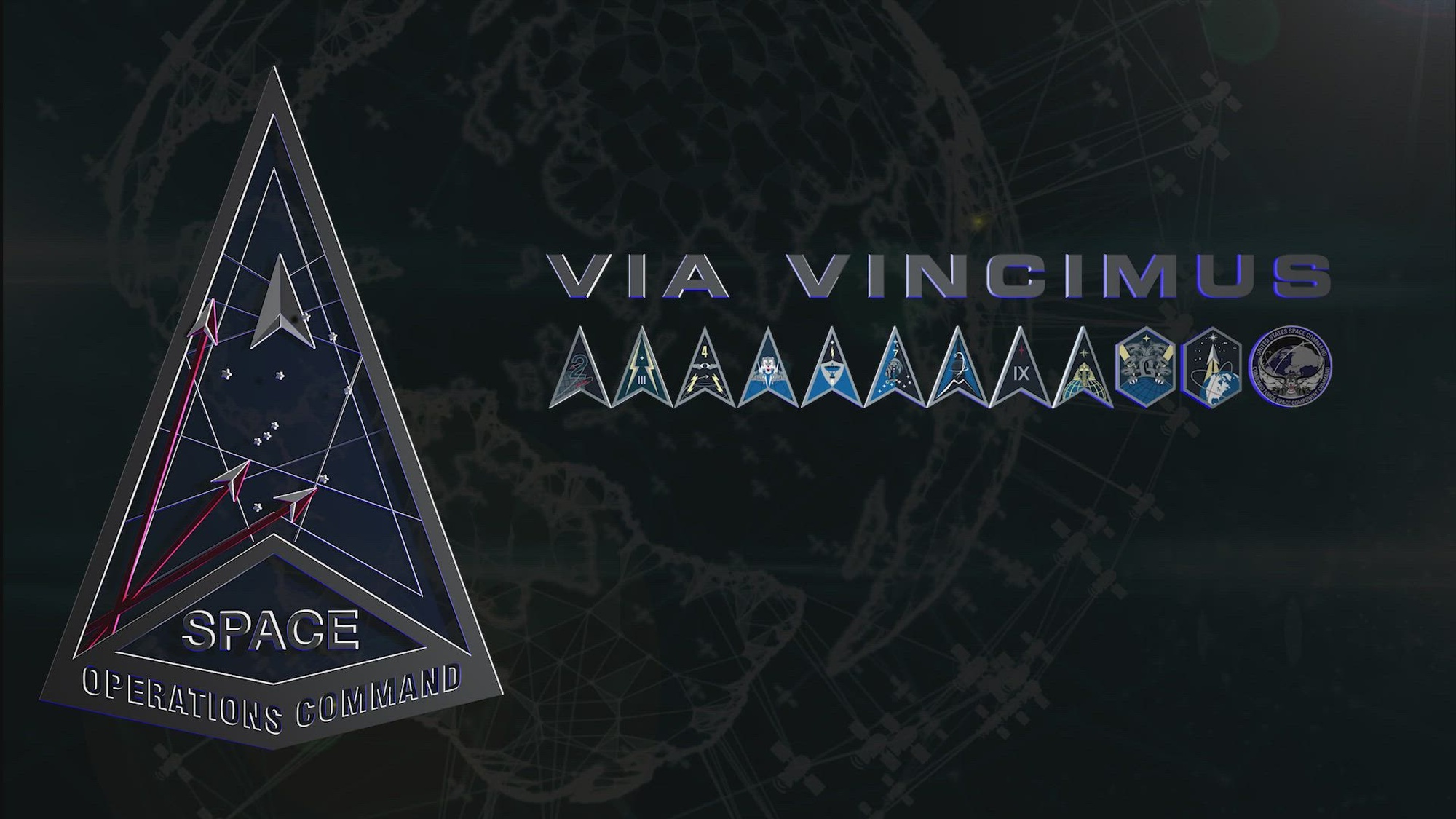 A motion graphics reveal of Space Operations Command's new motto:  "Via Vincimus."  The Latin phrase translates to "The Way We Win" in English. Space Operations Command, or SpOC, generates, presents, and sustains combat-ready intelligence, cyber, space and combat support forces and serves as the U.S. Space Force Service Component to U.S. Space Command. (U.S. Space Force video by Dave Grim)