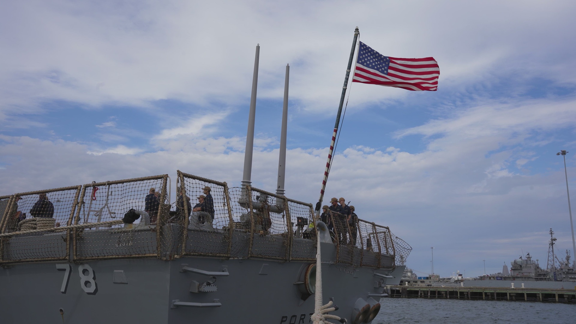 NORFOLK, Va. - The Arleigh Burke-class guided missile destroyer USS Porter (DDG 78) departs Naval Station Norfolk, Feb. 15, 2023. Porter is currently deployed in the U.S. 2nd Fleet area of operations in support of maritime stability and security in the region. (U.S. Navy video by Mass Communication Specialist 2nd Class Anderson W. Branch)