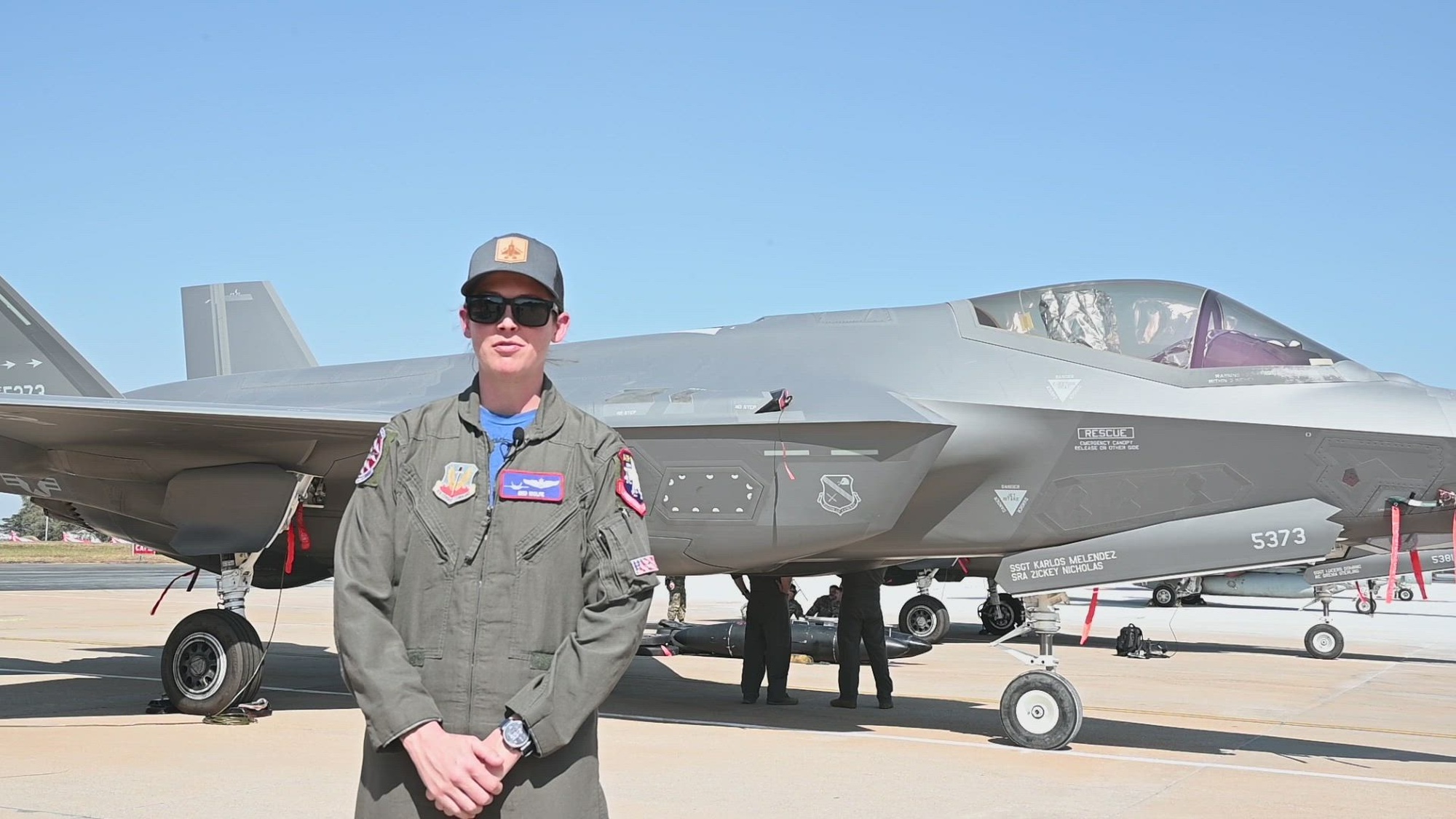 U.S. Air Force Maj. Kristin &quot;BEO&quot; Wolfe, F-35A Lightning II Demonstration Team commander and pilot assigned to Hill Air Force Base, Utah, performs an interview regarding the capabilities of the F-35 during Aero India 23 at Air Force Station Yelahanka, Bengaluru, India, Feb. 15, 2023. The U.S. military is participating in Aero India by providing aerial demonstrations and static aircraft to strengthen its partnership with India while furthering military-to-military relationships. (U.S. Air Force video by Staff Sgt. Aubree Owens)