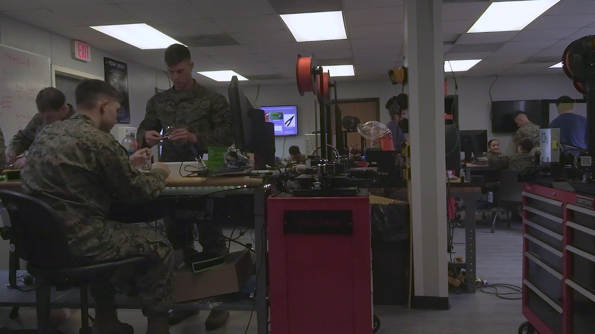 US Marines with 2nd Marine Logistics Group participate in an Innovation Boot Camp on Camp Lejeune, North Carolina Mar. 1, 2023. The Innovation   Boot Camp is being held to provide Marines with baseline training on 3D printing, CAD, Robotics and programming, where Marines compete in challenges throughout the week. (U.S. Marines Corps video by Jackson Kirkiewicz)