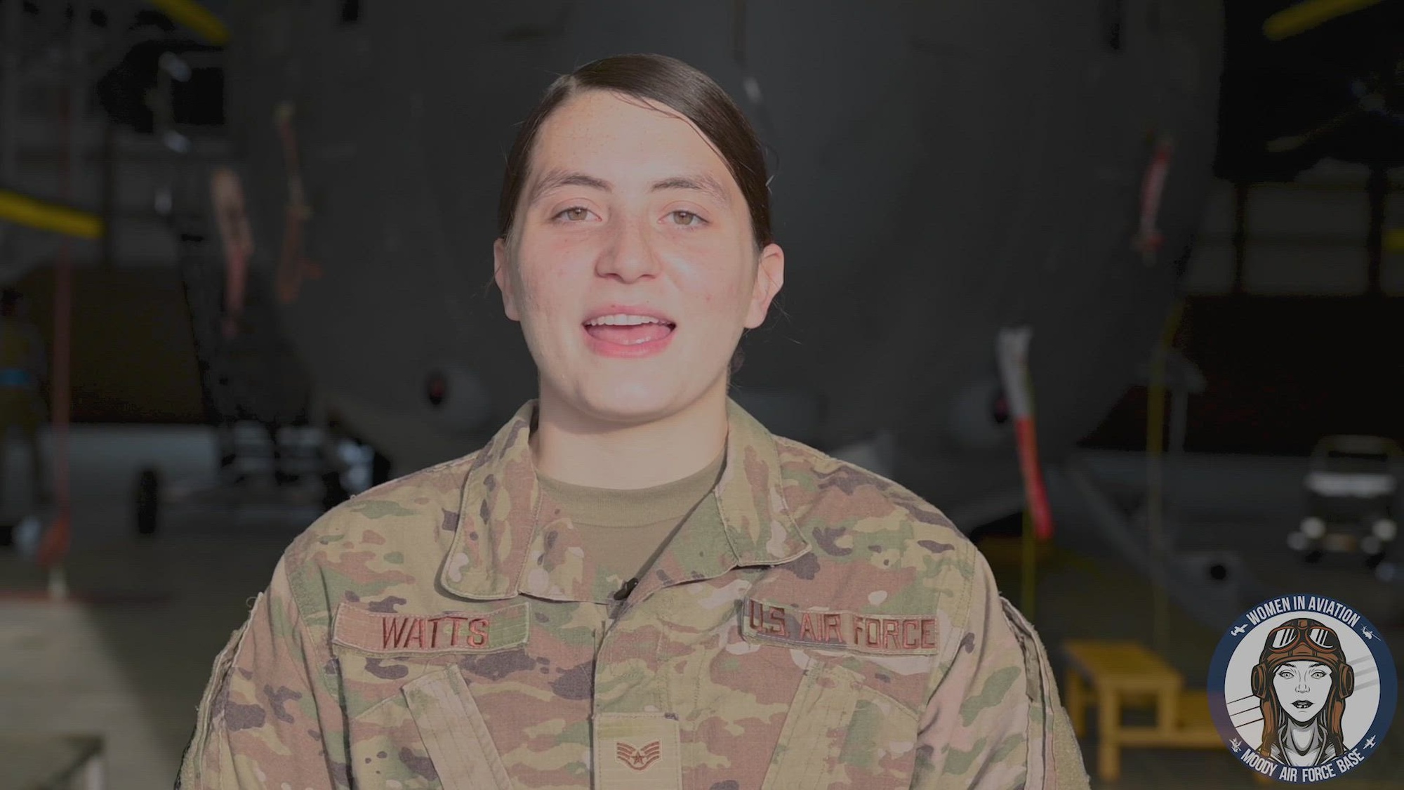 U.S. Air Force Staff Sgt. Grace Watts, 71st Rescue Generation Squadron HC-10J Combat King II engine mechanic, walks through her workplace as she explains her job details and why she enjoys being in the Air Force, as a part of Women in Aviation week. (U.S. Air Force video Senior Airman Rachel Coates)