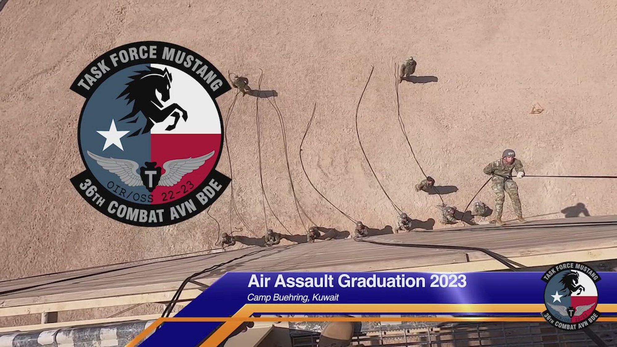 U.S. Army Soldiers from 36th Combat Aviation Brigade, &quot;Task Force Mustang,&quot; 36th Infantry Division, Texas Army National Guard, completed and graduated the U.S. Army Air Assault School alongside service members from across U.S. Army Central at Camp Buehring, Kuwait, Mar. 2, 2023. The two-week long training was held at Camp Buehring for the first time since the lifting of COVID-19 restrictions, with a total of 222 Soldiers completing the school and earning their air assault wings. (U.S. Army video by Staff Sgt. Samuel De Leon, 36th Combat Aviation Brigade Public Affairs)