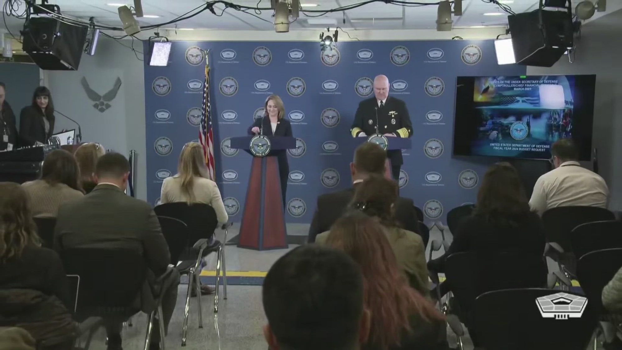 Deputy Secretary of Defense Dr. Kathleen Hicks and Vice Chairman of the Joint Chiefs of Staff Navy Adm. Christopher Grady brief the fiscal year 2024 budget rollout.  