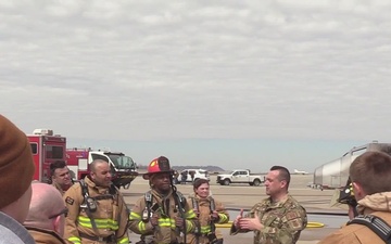 Missouri firefighters extinguish mock aircraft fire