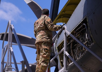 Aircraft maintainers repair a C-130H during 2023 MAFFS Spring training