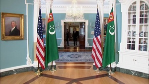 Secretary of State Antony J. Blinken meets with Turkmenistan Foreign Minister Rashid Meredov at the Department of State