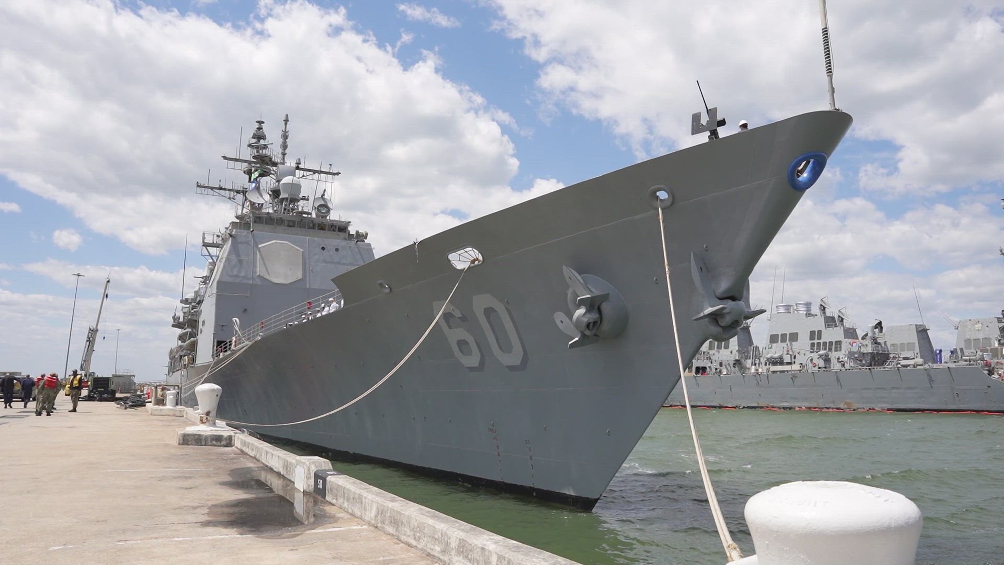 NORFOLK, Va. - The Ticonderoga-class guided-missile cruiser USS Normandy (CG 60) pulls away from the pier as they depart Naval Station Norfolk for a routine deployment, May 2, 2023. Normandy deployed as part of the Gerald R. Ford Carrier Strike Group. (U.S. Navy photo by Mass Communication Specialist 1st Class Kris R. Lindstrom)