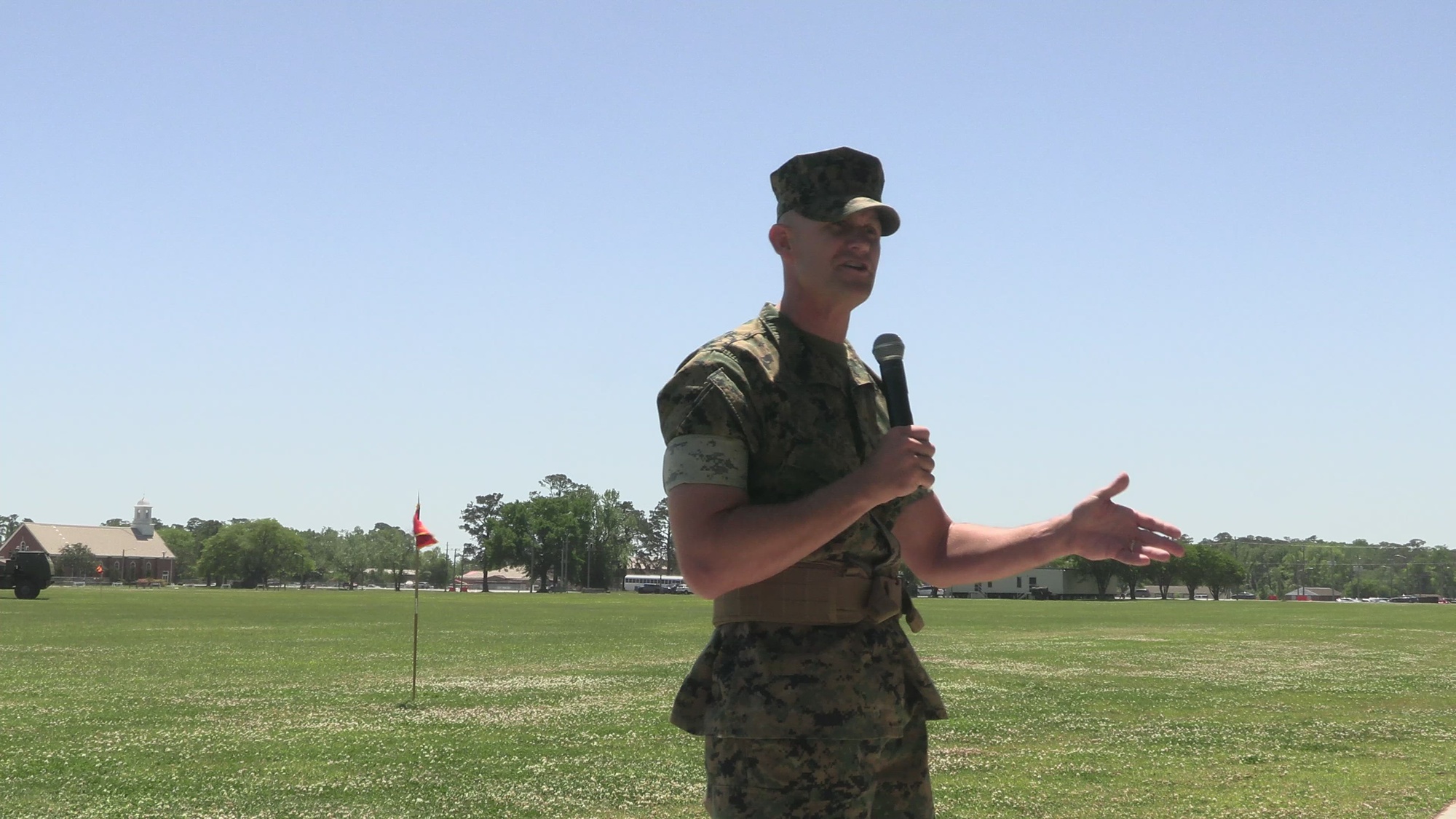U.S. Marines with II Marine Expeditionary Force Information Group participate in a Relief and Appointment ceremony on Camp Lejeune, North Carolina, April 21, 2023. The ceremony is held for Sgt. Maj. Wesley O. Turner, the outgoing sergeant major of II MIG and Sgt. Maj. Joshua J. Miller, the oncoming sergeant major of II MIG. The Relief and Appointment signifies the passing of authority from the outgoing sergeant major, to the oncoming sergeant major. (U.S. Marine Corps video by Cpl. Elijah Hurtado)