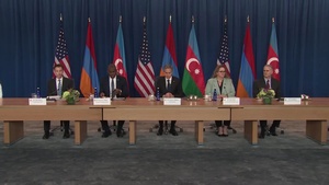 Secretary of State Antony J. Blinken participates in the bilateral peace negotiation closing session with Armenian Foreign Minister Ararat Mirzoyan and Azerbaijani Foreign Minister Jeyhun Bayramov at