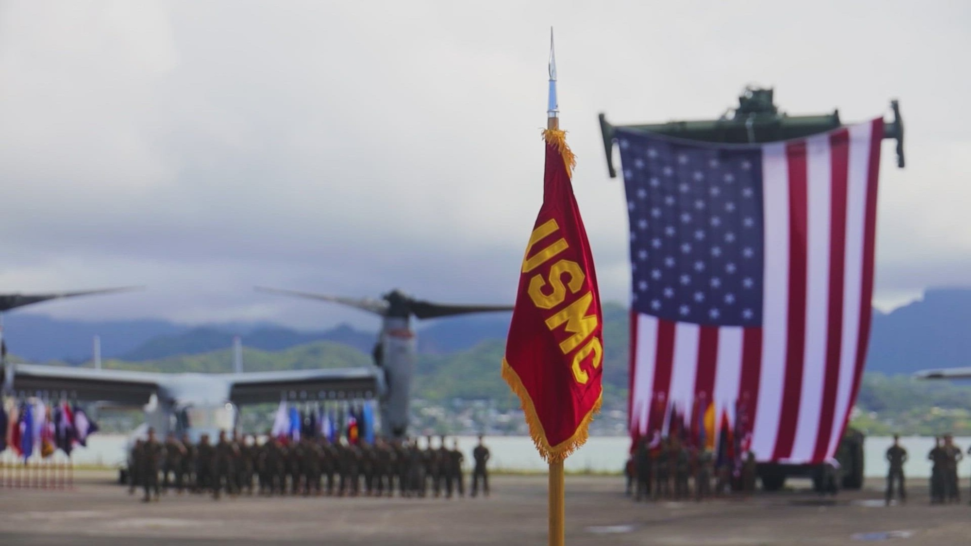 U.S. Marines with Marine Aircraft Group 24 (MAG-24) participate in the MAG-24 change of command ceremony, Marine Corps Air Station Kaneohe Bay, Marine Corps Base Hawaii, April 28, 2023. Lt. Col. Geoffrey T. Blumenfeld relinquished command to Col. William G. Heiken. (U.S. Marine Corps video by Cpl. Logan Beeney)