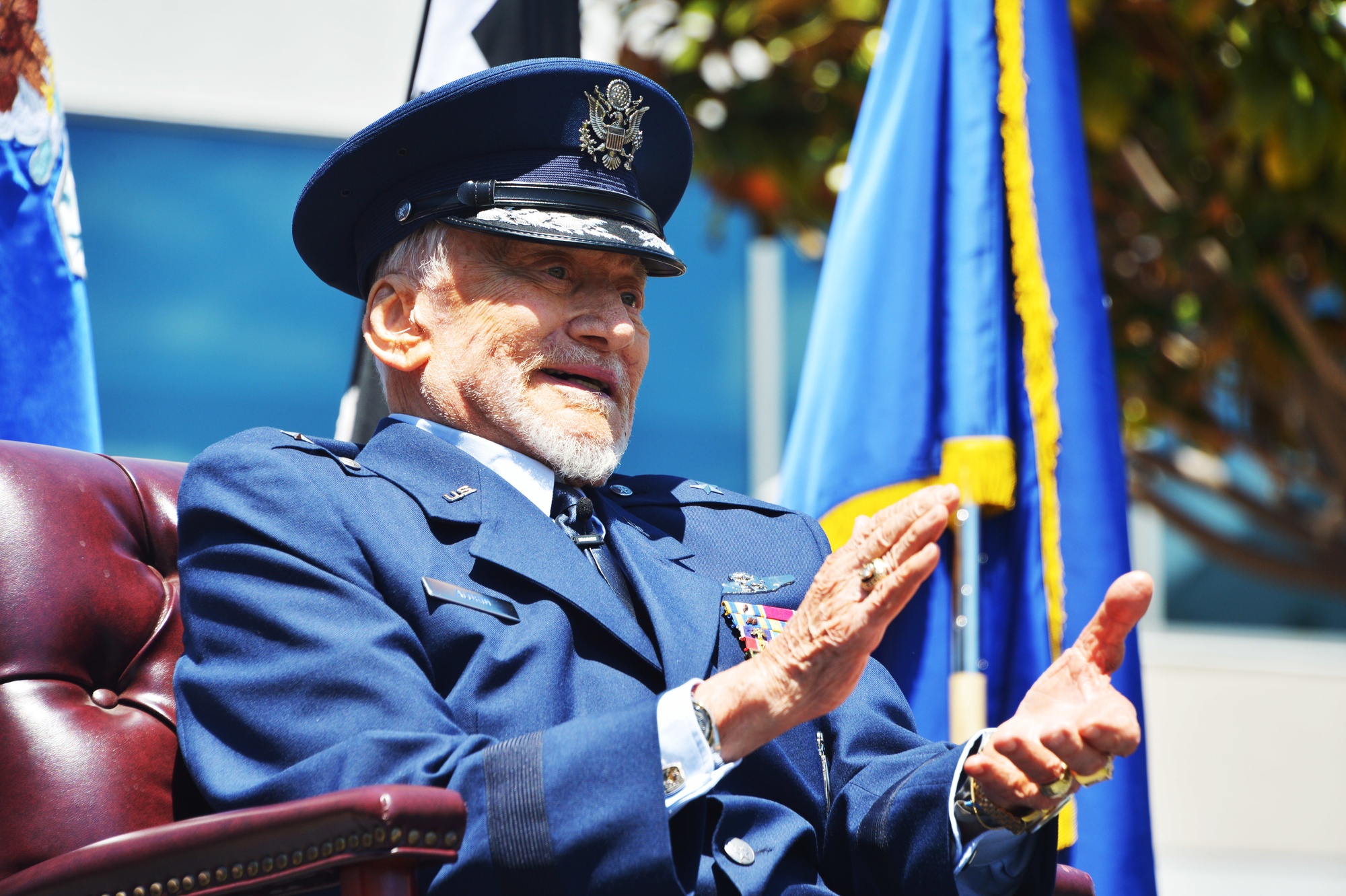 SSC Commander Lt. Gen. Michael Guetlein promotes former U.S. Air Force fighter pilot and astronaut Buzz Aldrin to Honorary Brigadier General at Los Angeles Air Force Base in El Segundo, Calif. on May 5, 2023. Video by TSgt Draeke Layman, SLD-30