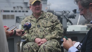 RDML Scott Sciretta, Commander, Standing NATO Maritime Group Two, speaks to the French media